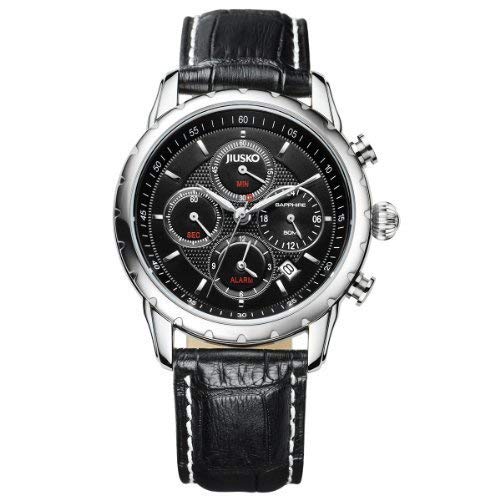 JIUSKO Mens Multifunction Chronograph 24 Hour Alarm Black Leather Wrist Watch 113L0202