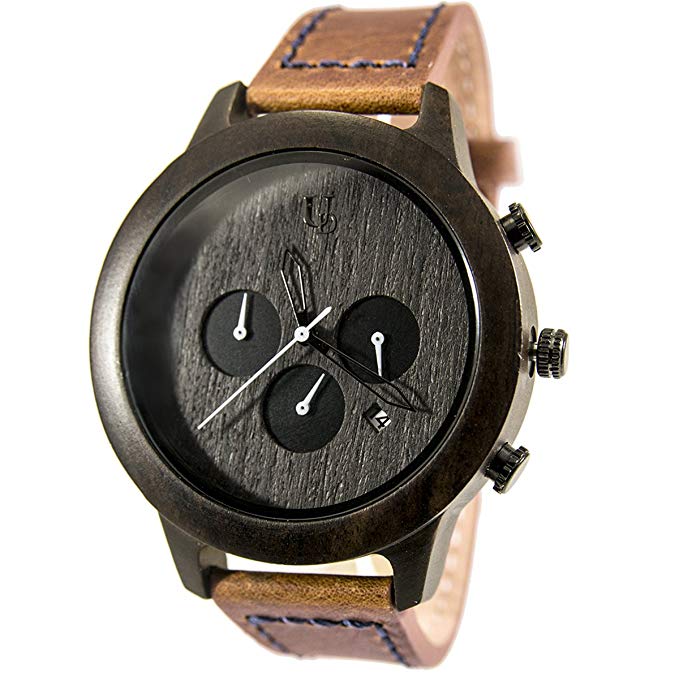 Mens Minimalist Dark Face Multi-Function Chronograph Round Wooden Watch with Premium Leather Band