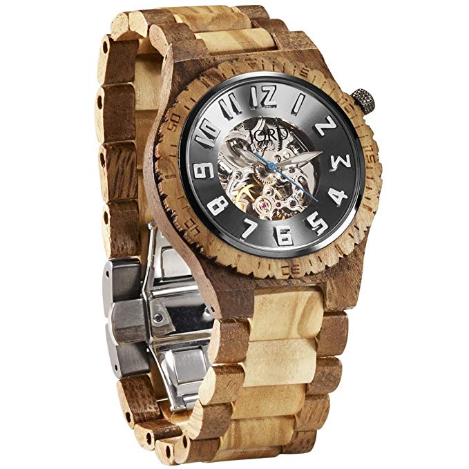 JORD Wooden Watches for Men - Dover Series Skeleton Automatic / Wood Watch Band / Wood Bezel / Self Winding Movement - Includes Wood Watch Box (Acacia & Olive)
