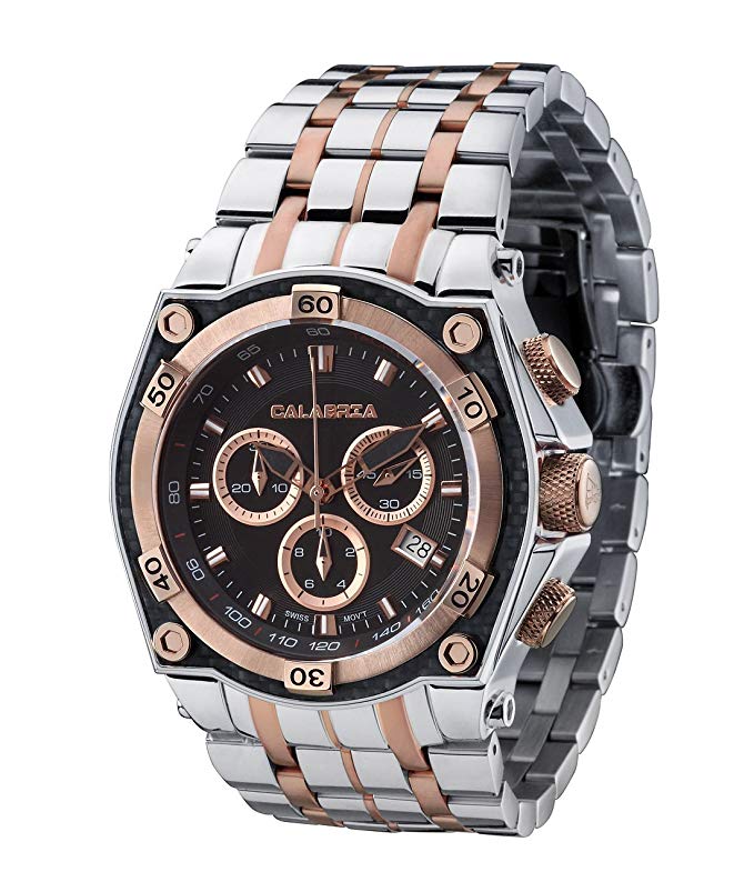 CALABRIA - RIGA- Rose Gold Two Tone Chronograph Men's Watch with Carbon Fiber Bezel and SS Band