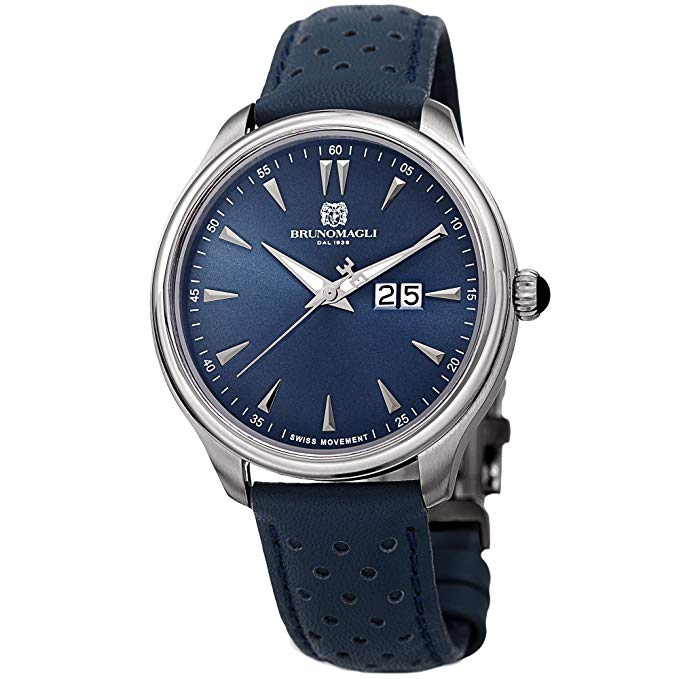 Bruno Magli Men's Luca Swiss Quartz Watch with Blue Italian Semi Perforated Leather Strap