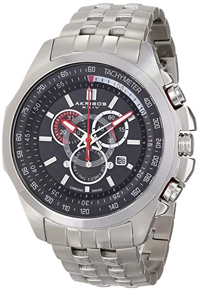 Akribos XXIV Men's AK660SSB Conqueror Swiss Quartz Chronograph Black Dial Stainless Steel Bracelet Watch