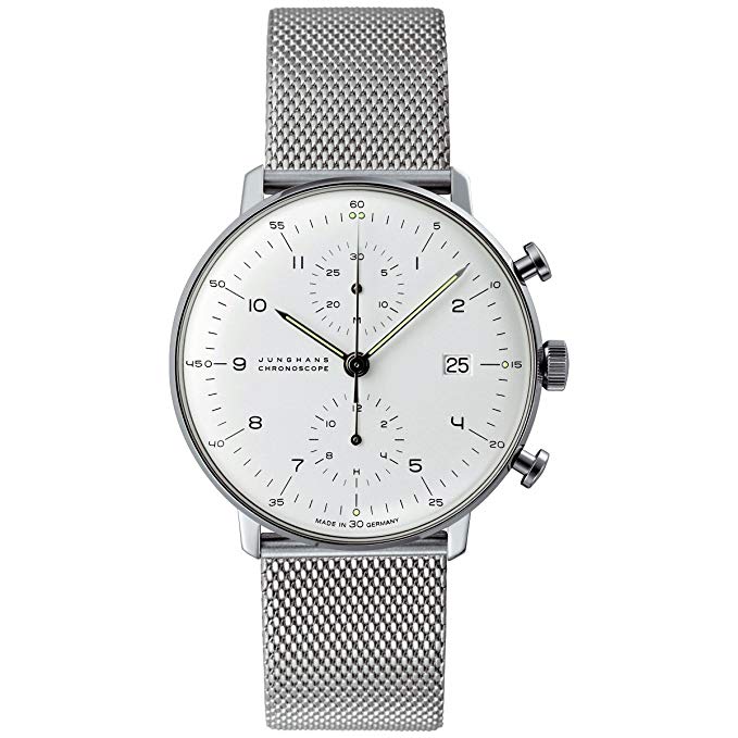 Junghans Max Bill Chronoscope Mens Automatic Chronograph Watch - 40mm Analog Silver Face with Luminous Hands and Date - Stainless Steel Mesh Band Luxury Watch Made in Germany 027/4003.44