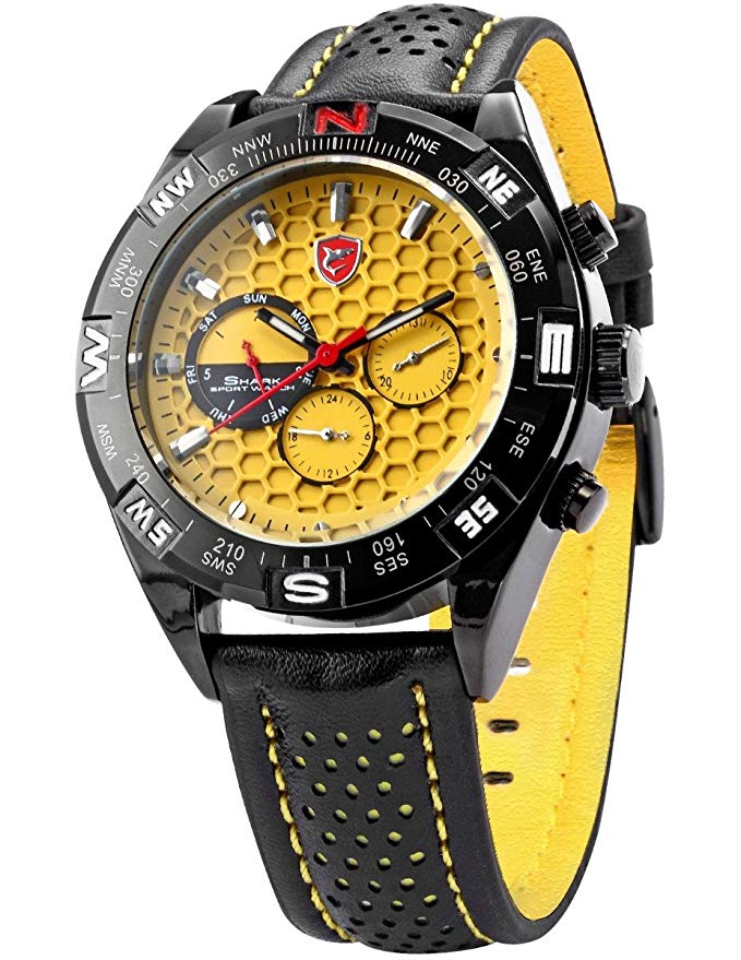 Shortfin Shark Fashion 6 Hands Black Leather Steel Case Army Sport Quartz Wrist Watch