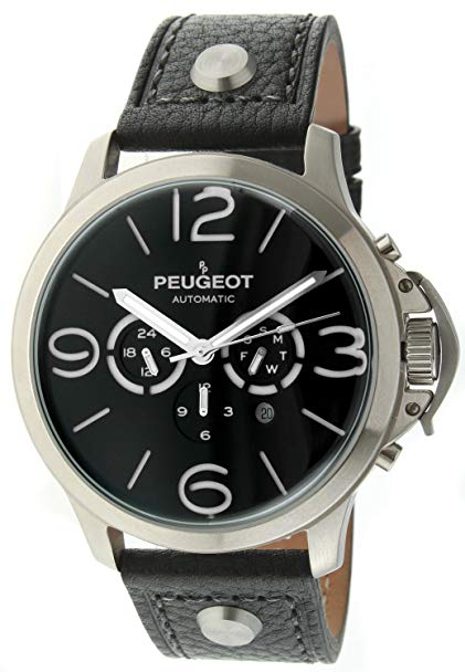 Peugeot Automatic MK912SBK Men's Silver Stainless Steel Multifunction Black Leather Watch