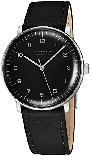 Junghans Max Bill Automatic Mens Watch - 38mm Analog Black Face Classic Watch with Luminous Hands - Stainless Steel Black Leather Band Luxury Watch for Men Made in Germany 027/3400.00