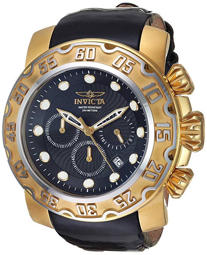 Invicta Men's 'Lupah' Quartz Gold-Tone and Leather Casual Watch, Color:Black (Model: 22489)