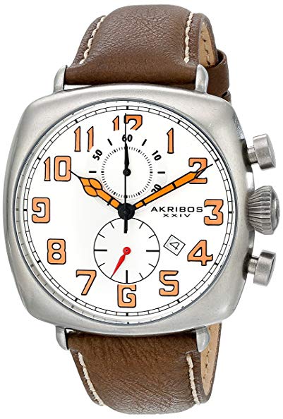 Akribos XXIV Men's AK786WT Chronograph Quartz Movement Watch with White Dial and Brown with Cream Stitching Leather Strap