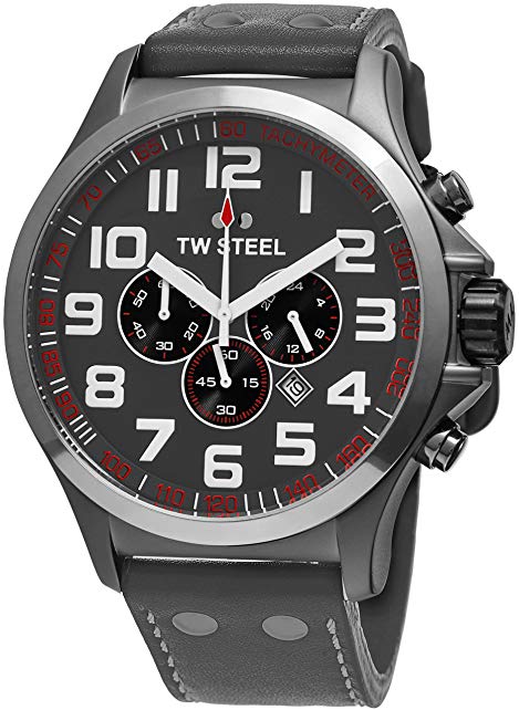 TW Steel Pilot Watch - Stainless Steel Plated Titanium Watch - Grey Dial Date 24-hour TW Steel Watch Mens - Grey Leather Band 45mm Chronograph Watch TW422