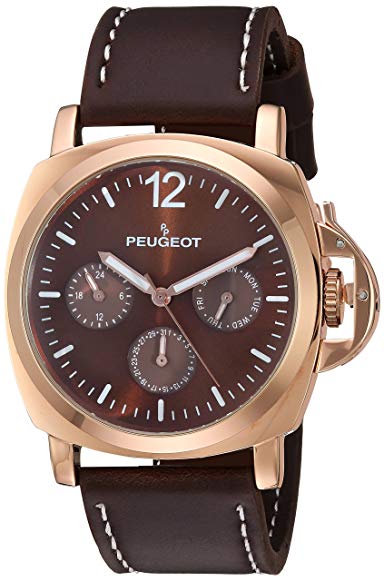 Peugeot Men's 'Rose Gold Multi-Function' Quartz Metal and Leather Sport Watch, Color:Brown (Model: 2056RBR)