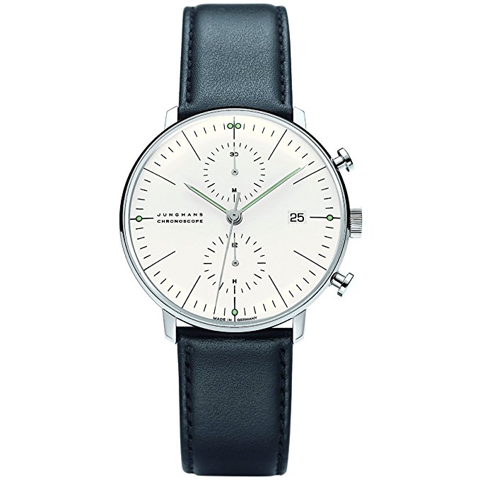 Junghans Max Bill Chronoscope Mens Automatic Chronograph Watch - 40mm Analog Silver Face with Luminous Hands and Date - Stainless Steel Black Leather Band Luxury Watch Made in Germany 027/4600.00