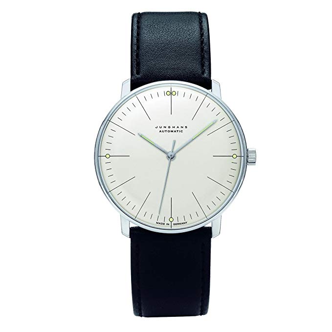 Junghans Max Bill Automatic Mens Watch - 38mm Analog White Face Classic Watch with Luminous Hands - Stainless Steel Black Leather Band Luxury Watch for Men Made in Germany 027/3501.00