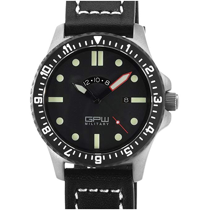 German Military Titanium Watch. GPW GMT. Sapphire Crystal. Black Leatherstrap. 200M W/R