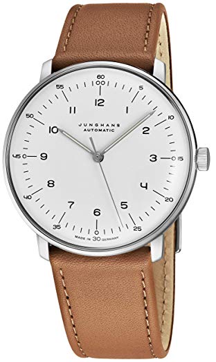 Junghans Max Bill Automatic Mens Watch - 38mm Analog White Face Classic Watch with Luminous Hands - Stainless Steel Brown Leather Band Luxury Watch for Men Made in Germany 027/3502.00