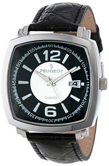 Peugeot Men's 2032S Silver-Tone Black Leather Strap Watch