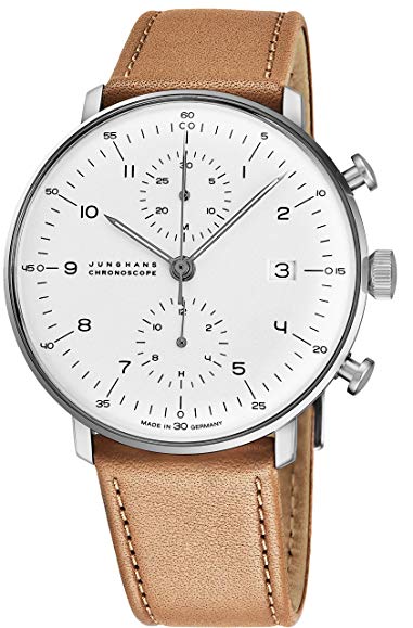Junghans Max Bill Chronoscope Mens Automatic Chronograph Watch - 40mm Analog Silver Face with Luminous Hands and Date - Stainless Steel Brown Leather Band Luxury Watch Made in Germany 027/4502.00