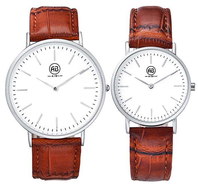 AIBI his and her watches for couples Brown Leather bands Ultra thin with clearance vision face For Couple watches
