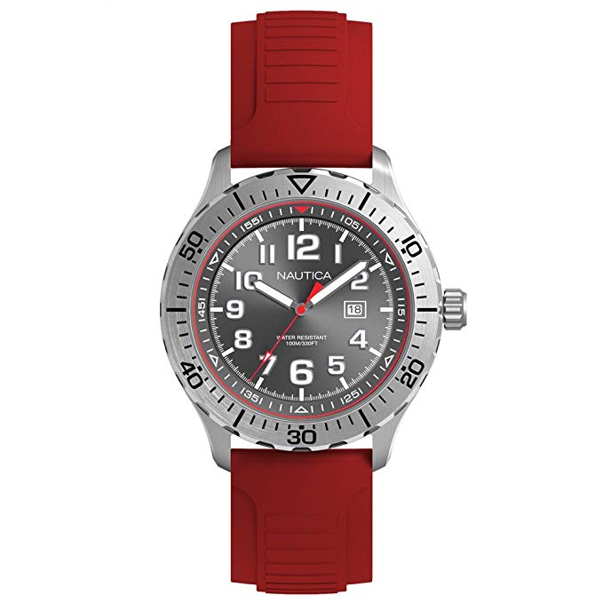 Nautica Men's 'NSR 105' Quartz Stainless Steel and Silicone Casual Watch, Color:Red (Model: NAD12536G)
