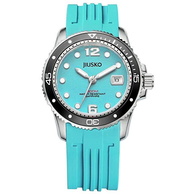 Jiusko Divers - Mens Quartz 300m Sapphire Dive Watch - Aqua Blue Silicone Rubber - 110