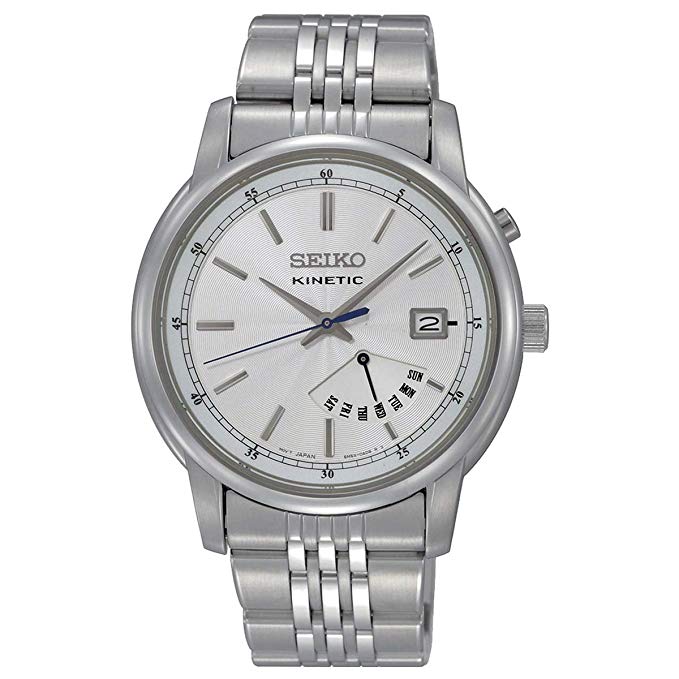Seiko Kinetic Silver Dial Day and Date Mens Watch SRN027