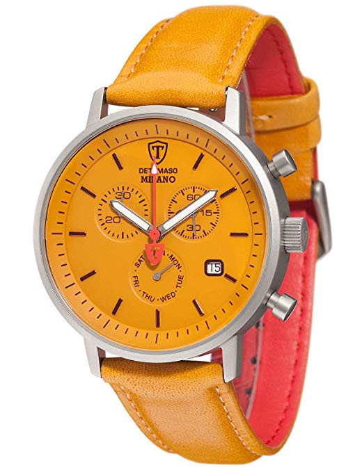 DETOMASO Milano Men's Wrist Watch Chronograph Stainless Steel Yellow Leather Strap