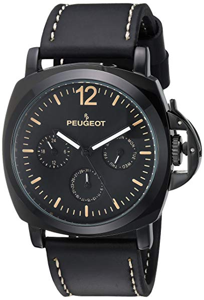 Peugeot Men's 'All Black Multi-Function' Quartz Metal and Leather Sport Watch, Color:Black (Model: 2056BK)