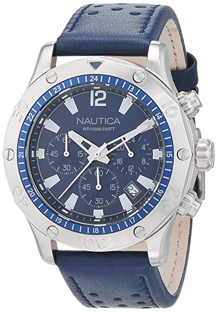 Nautica Men's 'NST 21' Quartz Stainless Steel and Leather Casual Watch, Color:Blue (Model: NAD16547G)