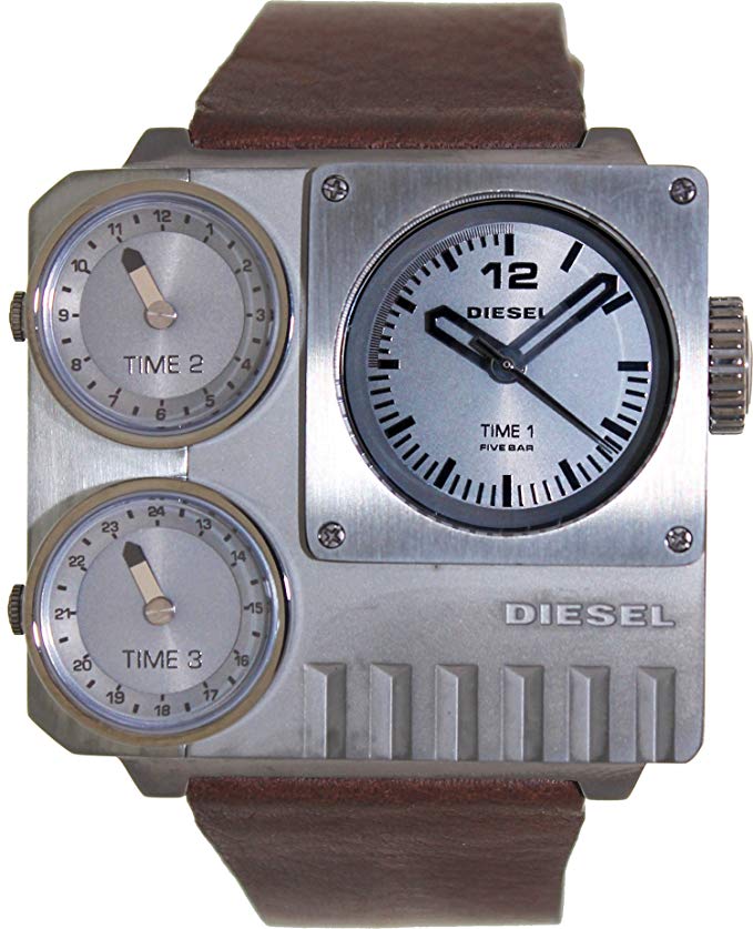 Diesel #DZ7249 Men's SBA Leather Strap Triple Time Zone Oversize Square Watch