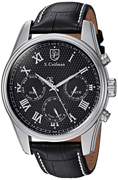 S. Coifman Men's 'Heritage' Quartz Stainless Steel and Leather Casual Watch, Color Black (Model: SC0396)