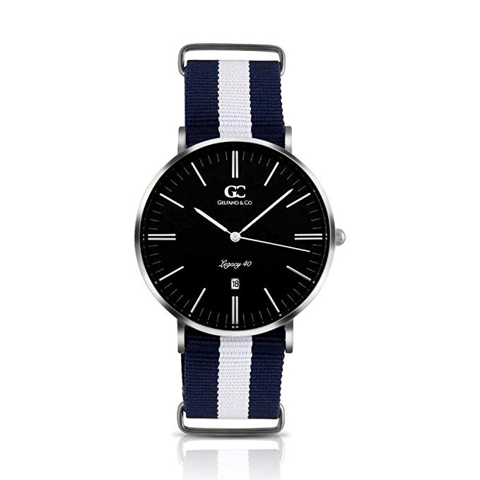 Gelfand & Co. Unisex Minimalist Watch Blue/White NATO Strap Liberty 40mm Silver with Black Dial