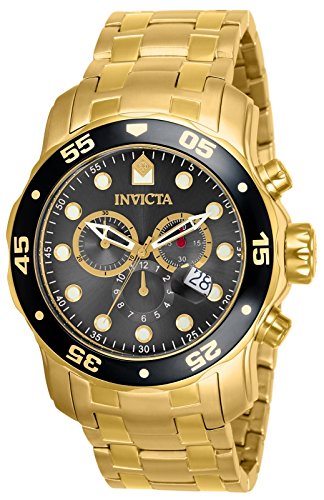 Invicta Men's 80064 Pro Diver Chronograph Charcoal Dial 18k Gold Ion-Plated Stainless Steel Watch