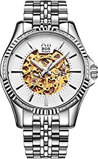 BOS Men's Automatic Mechanical Skeleton Silver Case White Dial Wrist Watch Stainless Steel Band 9010