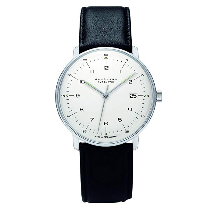 Junghans Max Bill Automatic Mens Watch - 38mm Analog White Face Classic Watch with Luminous Hands and Date - Stainless Steel Black Leather Band Luxury Watch for Men Made in Germany 027/4700.00