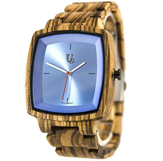 Men's Classic Zebra Square Wood Watch With Blue Face/Swiss Movt, Groomsmen Gifts, Best Swiss Wooden Watches