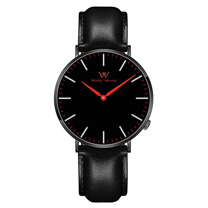 Welly Merck Swiss Movement Sapphire Crystal Mens Luxury Minimalist Wrist Watch 20mm Genuine Leather Interchangeable Black Strap