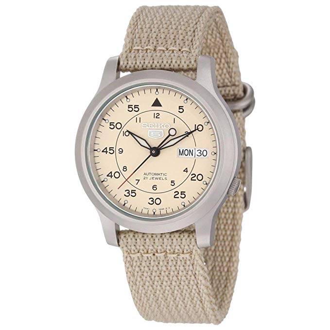 Seiko 5 Snk803 Snk803k2 Men's Beige Fabric Band Military Dial Automatic Watch