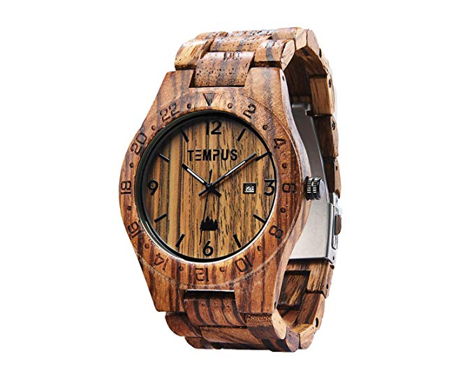 TEMPUS Afrikaans - Men's Zebra Wood Watch Wristwatch GMT Bezel Design - TWW-001