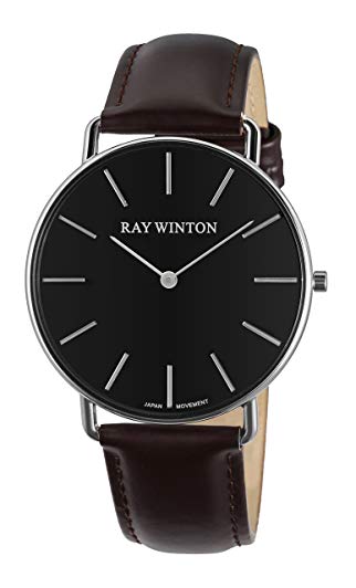 Ray Winton Men's Thin Analog Black Dial Burgundy Genuine Leather Strap Slim Watch