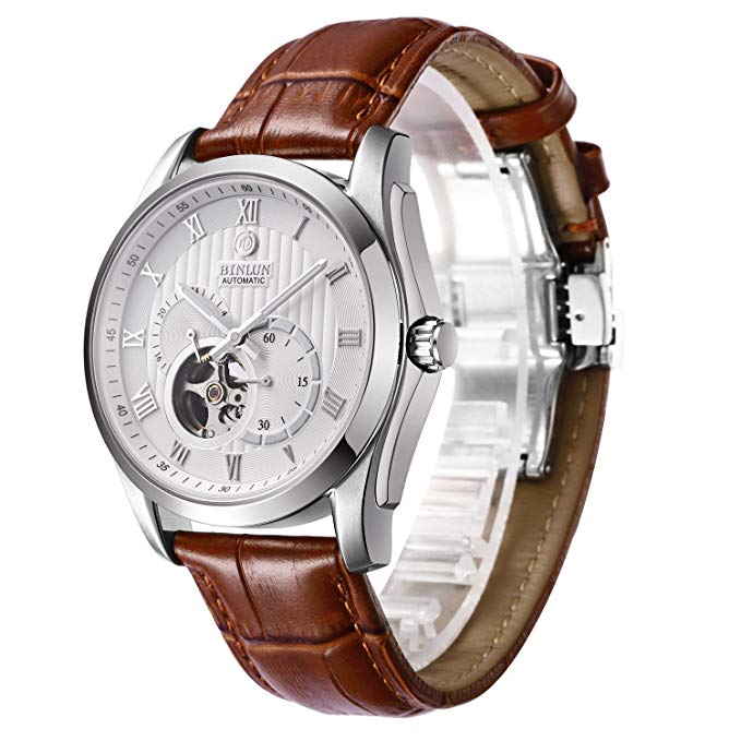 BINLUN Men's 21 Jewel Mechanic Movement Watch Brown Leather Straps Automatic Watches for Mens