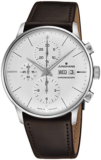 Junghans Meister Chronoscope Mens Day Date Automatic Chronograph Watch - 40mm Analog Silver Face with Luminous Hands - Stainless Steel Burgundy Leather Band Luxury Watch Made in Germany 027/4120.01
