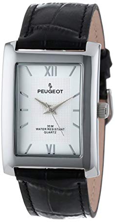 Peugeot Men's 2033SL Silver-Tone Black Leather Strap and Silver Dial Watch