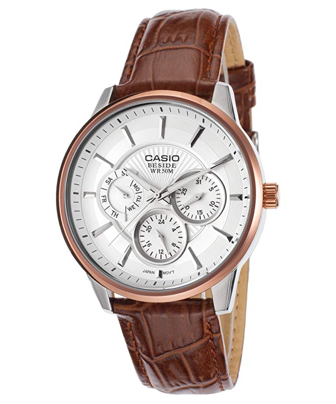 Casio Bem-302L-7Avdf Men's Beside Brown Genuine Leather Strap Silver-Tone Textured Dial Watch