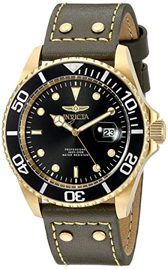 Invicta Men's 'Pro Diver' Quartz Stainless Steel and Leather Watch, Color:Green (Model: 22075)