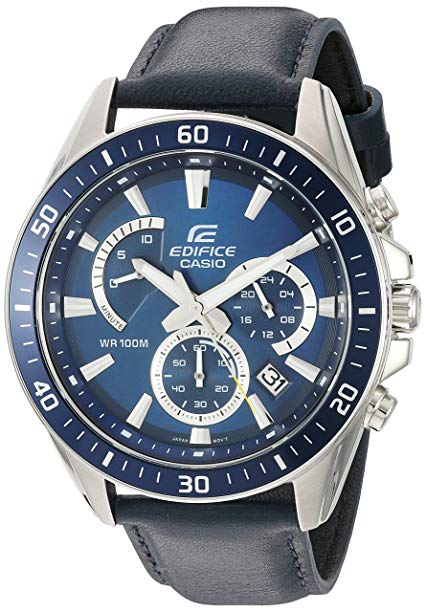 Casio Men's 'Edifice' Quartz Stainless Steel and Leather Watch, Color: Blue (Model: EFR-552L-2AVCF)