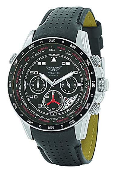 AVIATOR Watch Men's Military Quartz Pilot Chronograph Black Leather Strap Wristwatch F-Series AVW7770G59