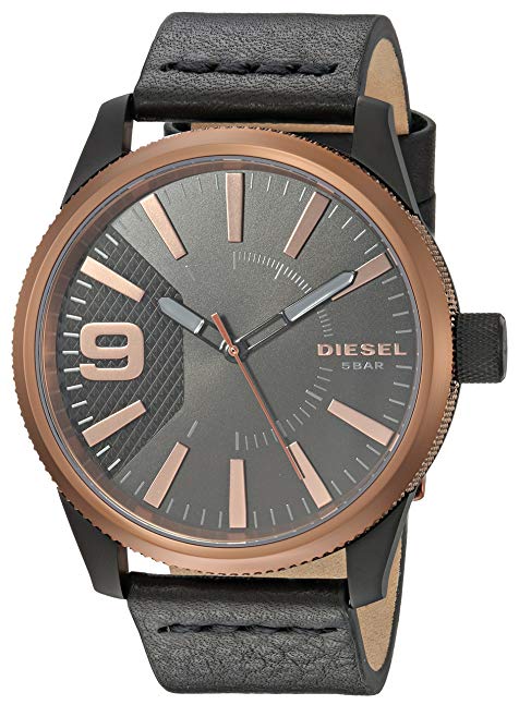 Diesel Watches Rasp Black IP and Leather 3-Hand Watch
