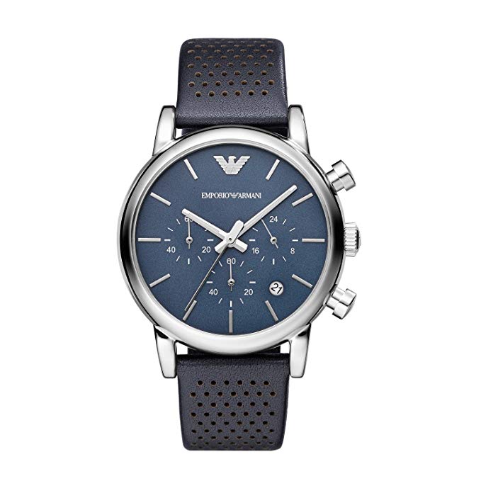 Armani Classic Chronograph Navy Dial Navy Leather Strap Mens Watch ...